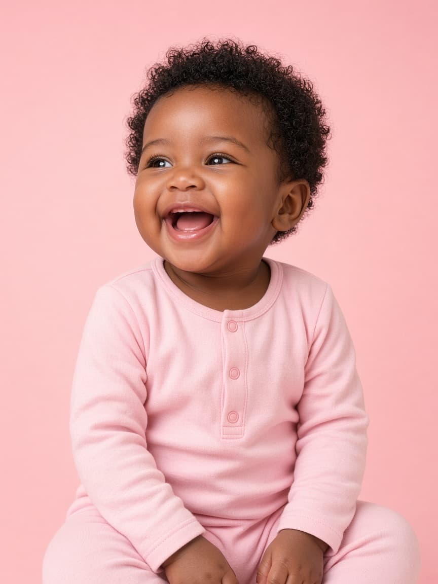 A laughing baby in pink.
