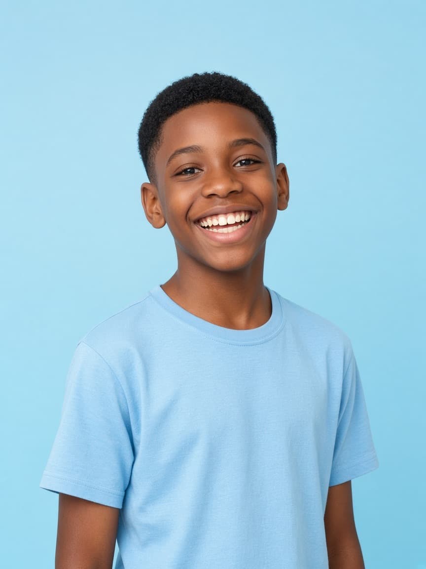 A boy in a light blue t-shirt.
