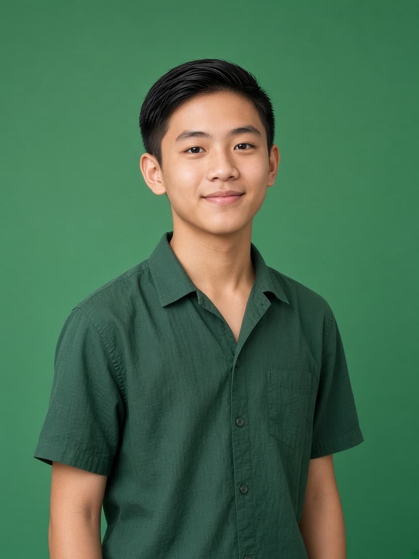 A teenage boy in a green shirt.